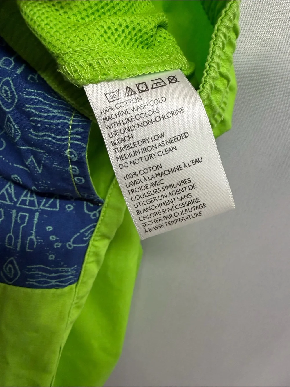 Vintage 90s Men's Lime Green Swim Shorts Navy Graphic Stripe Cotton Medium